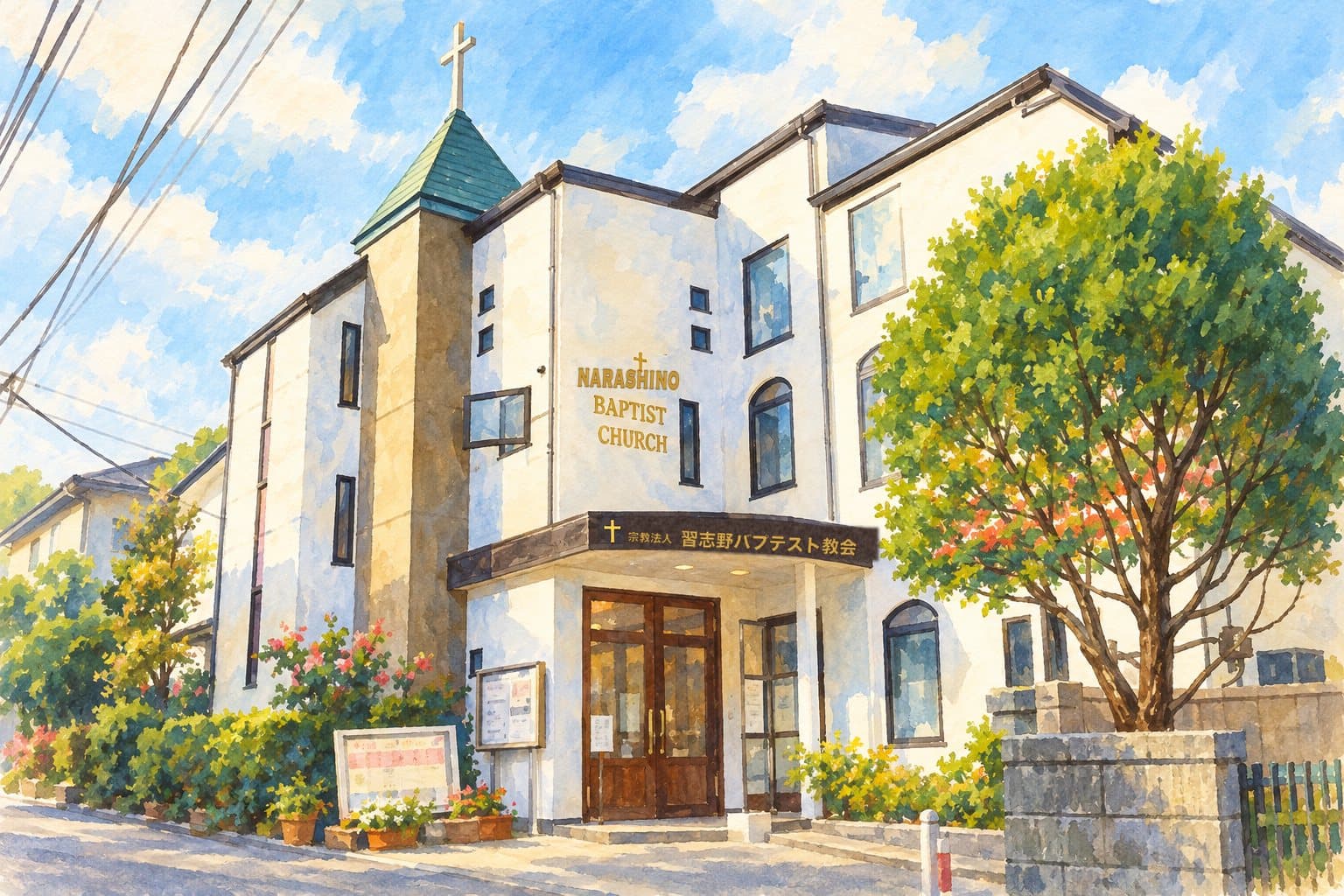 習志野バプテスト教会の外観（水彩イラスト）